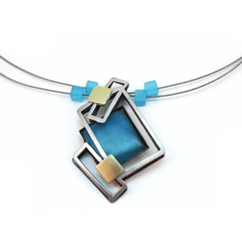 POLY Blue Catsite Square Openwork Pendant on Multiwire Necklace